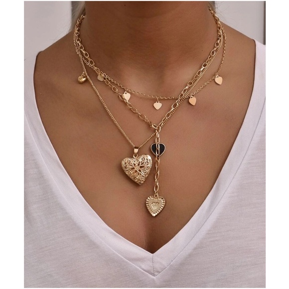 Hearts Locket vday Multilayer 2 piece Necklace Set - Picture 2 of 5